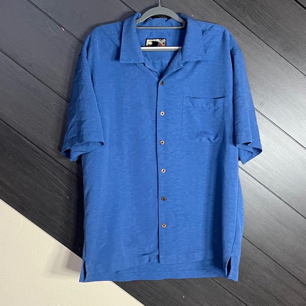 Havana‎ Jack's Café Men XL Blue Textured Palm Tree Button Front Shirt Resortwear